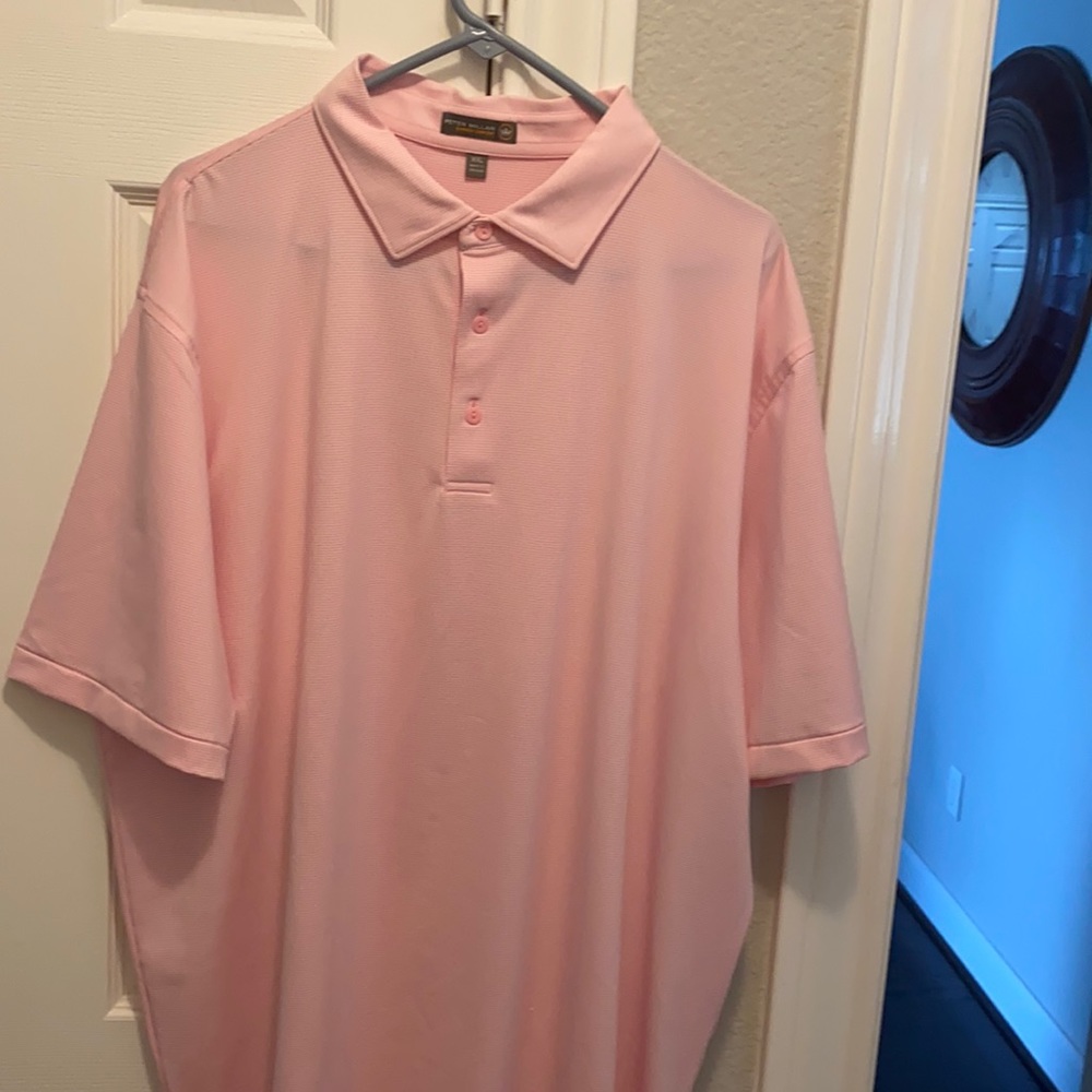 Peter Millar Golf Shirt. Pink and White Stripes.   XXL - Like New
